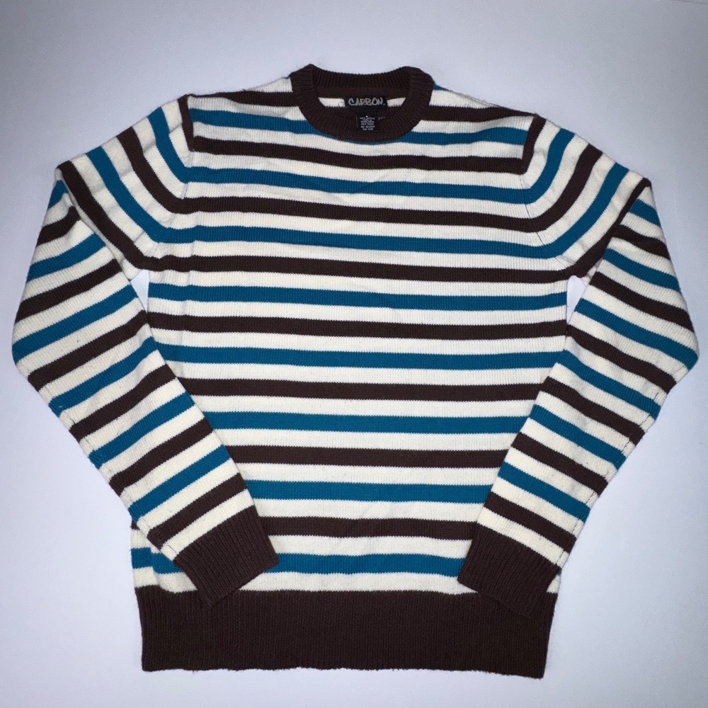 Carbon Mens Striped Crew Neck Sweater Long Sleeve Brown Teal White Size S